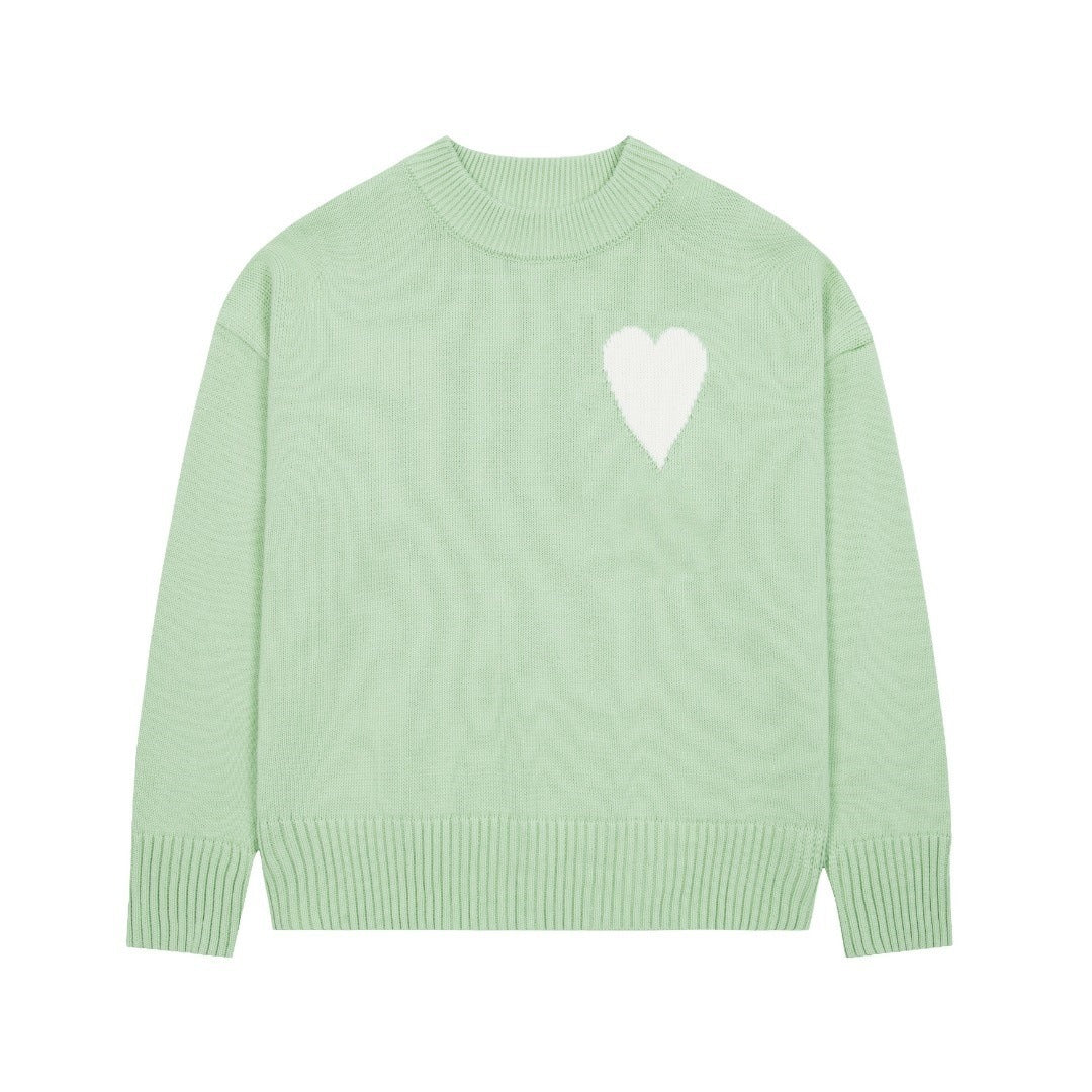 Big heart embroidered round neck sweater casual and versatile