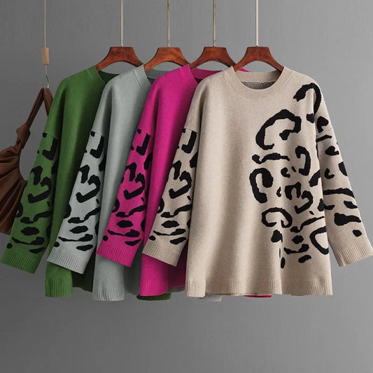 Knitted Jacquard Leopard Patchwork Sweater O-Neck Pullover Long Sleeve Mid-Length Knitwear Autumn/Winter Woman Clothing