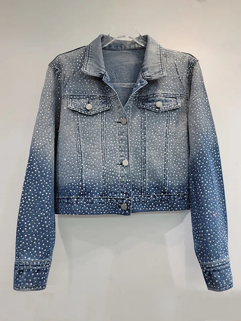Women's Denim Coat Washed Gradient Blue Design Long Sleeve Full Diamonds Rhinestone Jackets  Autumn New Fashion