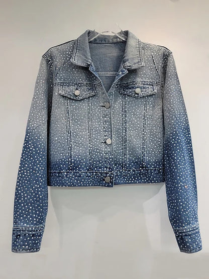 Women's Denim Coat Washed Gradient Blue Design Long Sleeve Full Diamonds Rhinestone Jackets  Autumn New Fashion