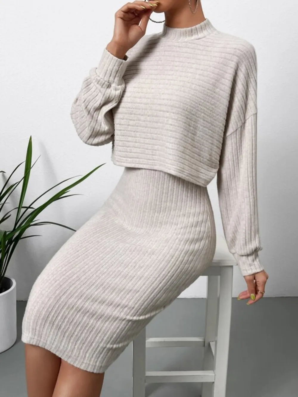 Neck Long Sleeve Top and Wide Strap Dress Set