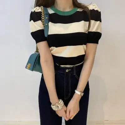 Summer Korean Knitted Striped T Shirts Tops Women Short Sleeve O-neck Casual Fashion Female Tees Pullovers T-shirts