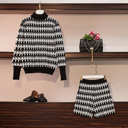 Xiaoxiang retro trui gecombineerd met wijde pijpen shorts tweedelig setje