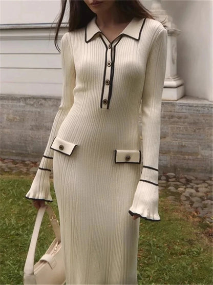 Doll collar X-shaped single breasted solid color long knit