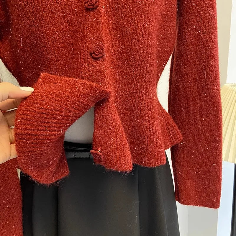 Autumn Winter Orange Bright Silk Knitted Sweater Cardigan Fashion Women Neck Rose Floral Buttons Ruffles Short Coat Tops