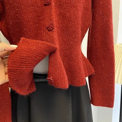 Autumn Winter Orange Bright Silk Knitted Sweater Cardigan Fashion Women Neck Rose Floral Buttons Ruffles Short Coat Tops