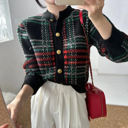 Korea Vintage Knitted Autumn Sweater Coat Women Striped Plaid Print Knitwear Ladies Cropped Cardigans Casual Loose Woman Tops