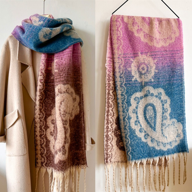 Retro Cashew Scarf Women's Imitation Cashmere Thick Neck Tassel Extended Shawl