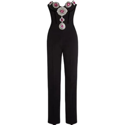 Fashion Celebrate Evening Party Wear Women Sexy Strapless Shinning Crystal Bodycon Bandage Jumpsuit Birthday Cocktail Wear