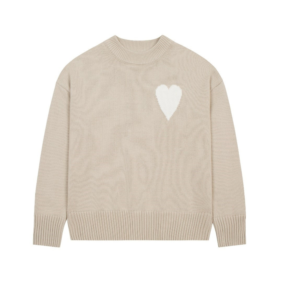 Big heart embroidered round neck sweater casual and versatile