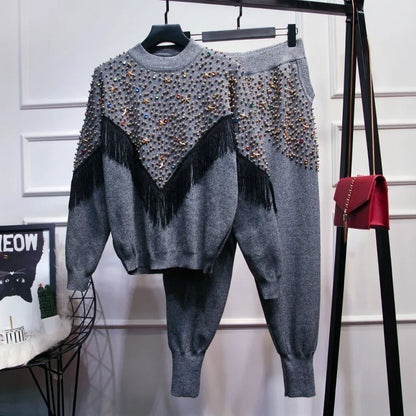 Luxury Rhinestones Knit T-Shirts Pearls Beaded Sweater Pullovers Fringed Knitwear Tees Jumpers Tops + Wide Legs Pants 2pcs Set