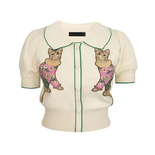 Stylish Sweater For Women Summer   New Fashion Cartoon Embroidery Short Sleeve Knitwear Tops Elegant Chic Ladies Jumpers