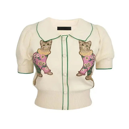 Stylish Sweater For Women Summer   New Fashion Cartoon Embroidery Short Sleeve Knitwear Tops Elegant Chic Ladies Jumpers