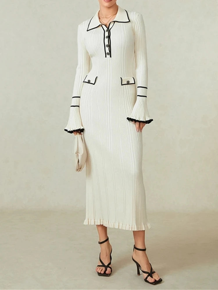 Doll collar X-shaped single breasted solid color long knit