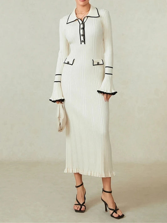Doll collar X-shaped single breasted solid color long knit