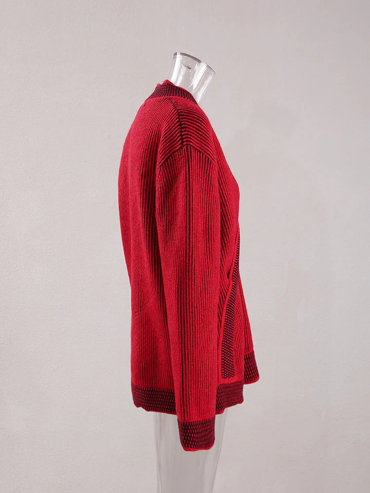 Fashion Women's Sweater V-neck Long Sleeves Contrast Colot Loose Red No Placket Casual Cardigan