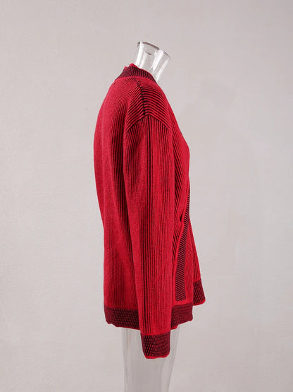 Fashion Women's Sweater V-neck Long Sleeves Contrast Colot Loose Red No Placket Casual Cardigan
