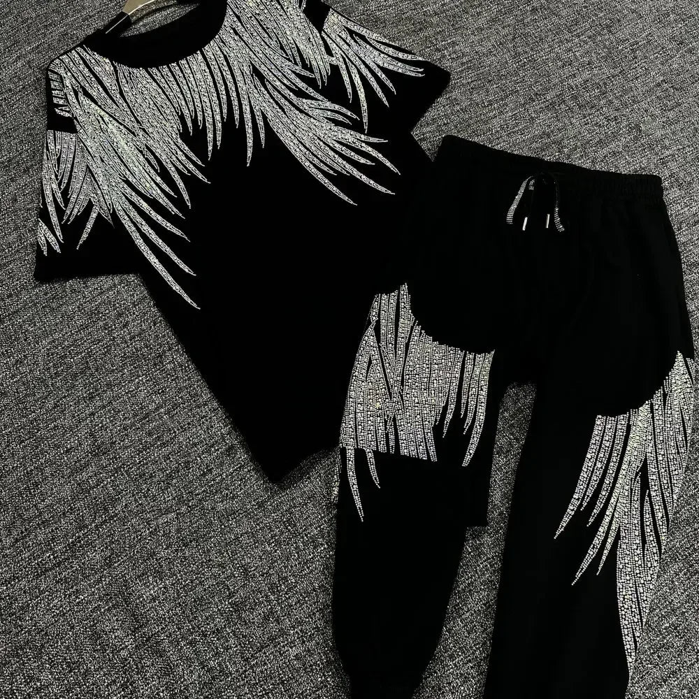 Luxury Women Cotton Blended Diamonds Beaded T-Shirts Rhinestones Tees + Drawstring Beading Pants Drilling Trousers 2pcs Set
