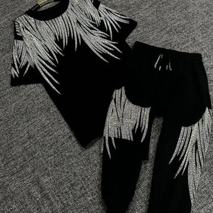 Luxury Women Cotton Blended Diamonds Beaded T-Shirts Rhinestones Tees + Drawstring Beading Pants Drilling Trousers 2pcs Set