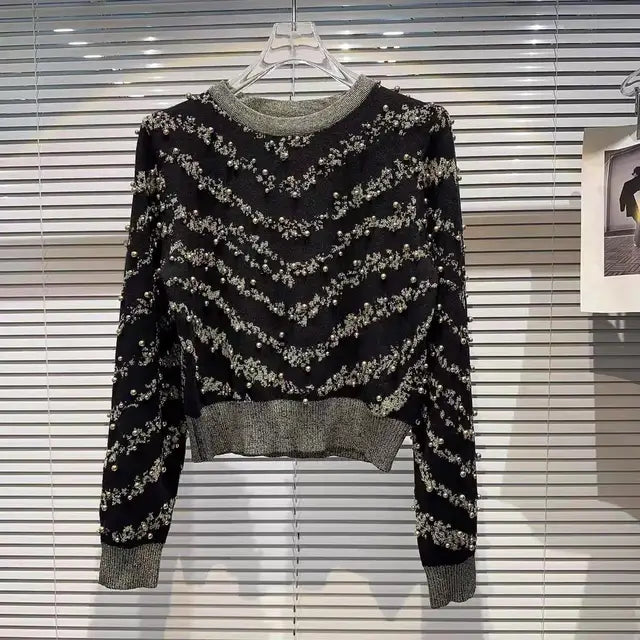 Gekralen gouden draad gebreide trui pullover dames vintage stijlvolle elegante chique tops herfst winter lange mouw o-hals truien 