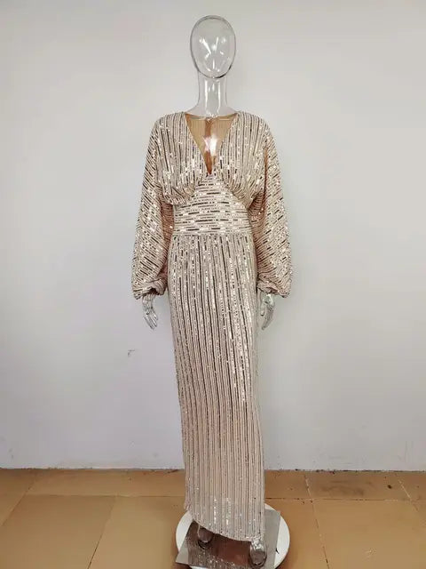 Elegante glanzende avondjurk vrouwen feest lange jurk lange mouwen pailletten zelfs gewaad femme bruidsmeisje bruiloft beroemdheid