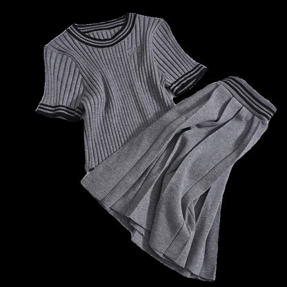 Kleurgeblokte set ronde hals geborduurde strik korte mouwen gebreide trui slim fit geplooide korte rok tweedelige set 