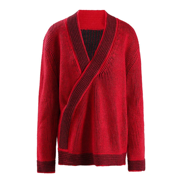 Fashion Women's Sweater V-neck Long Sleeves Contrast Colot Loose Red No Placket Casual Cardigan