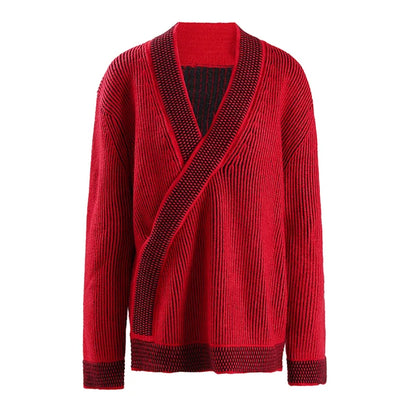 Fashion Women's Sweater V-neck Long Sleeves Contrast Colot Loose Red No Placket Casual Cardigan