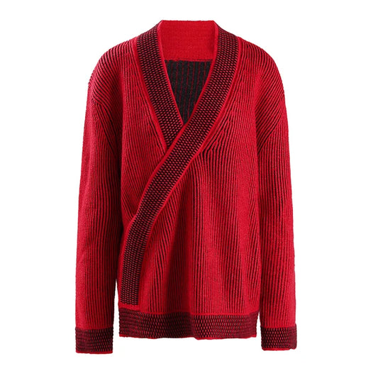 Fashion Women's Sweater V-neck Long Sleeves Contrast Colot Loose Red No Placket Casual Cardigan