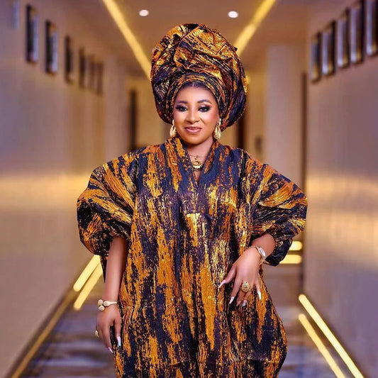 African American mother expensive custom hot gold jacquard fabric loose dress - CHRISTDEST GLOBAL SERVICE