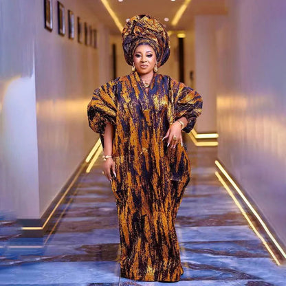 African American mother expensive custom hot gold jacquard fabric loose dress - CHRISTDEST GLOBAL SERVICE