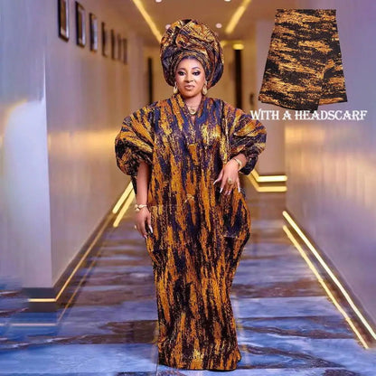 African American mother expensive custom hot gold jacquard fabric loose dress - CHRISTDEST GLOBAL SERVICE
