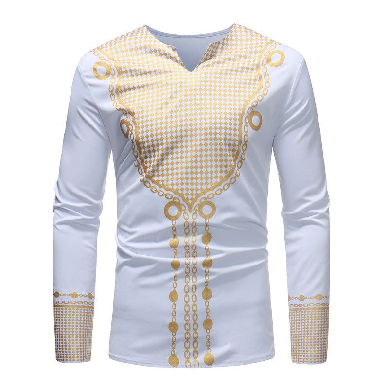 African style Print Slim V neck Pullover Long sleeved T shirt - CHRISTDEST GLOBAL SERVICE