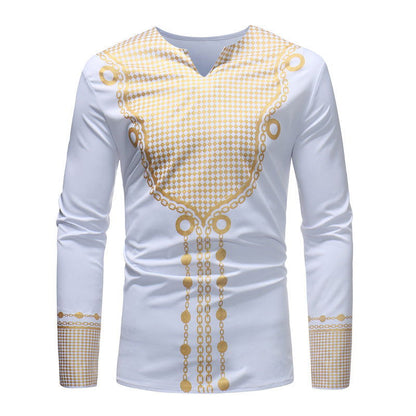 African style Print Slim V neck Pullover Long sleeved T shirt - CHRISTDEST GLOBAL SERVICE