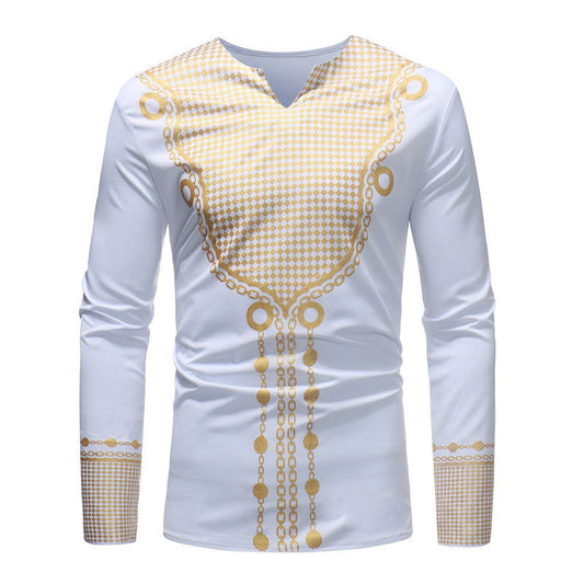 African style Print Slim V neck Pullover Long sleeved T shirt - CHRISTDEST GLOBAL SERVICE