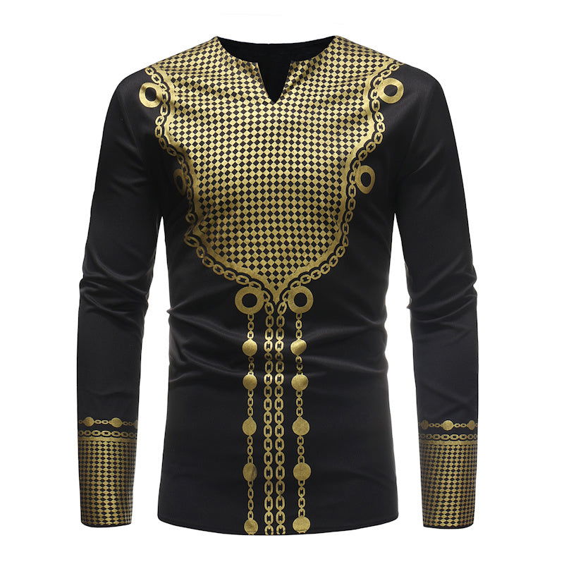 African style Print Slim V neck Pullover Long sleeved T shirt - CHRISTDEST GLOBAL SERVICE