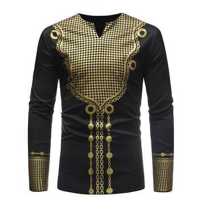 African style Print Slim V neck Pullover Long sleeved T shirt - CHRISTDEST GLOBAL SERVICE