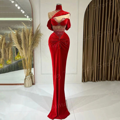 Arabia Modest Elegant Red Women's Mermaid Charming Evening Dresses Modern High Neck Beaded Prom Gowns Pleated Vestido De Noche - CHRISTDEST GLOBAL SERVICE