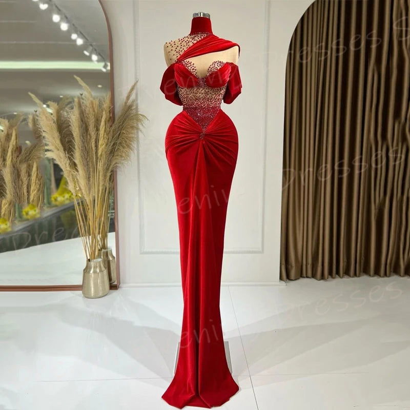 Arabia Modest Elegant Red Women's Mermaid Charming Evening Dresses Modern High Neck Beaded Prom Gowns Pleated Vestido De Noche - CHRISTDEST GLOBAL SERVICE