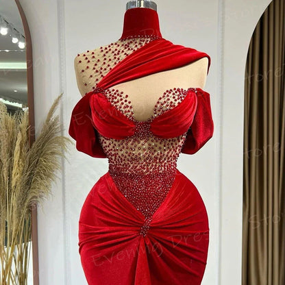 Arabia Modest Elegant Red Women's Mermaid Charming Evening Dresses Modern High Neck Beaded Prom Gowns Pleated Vestido De Noche - CHRISTDEST GLOBAL SERVICE