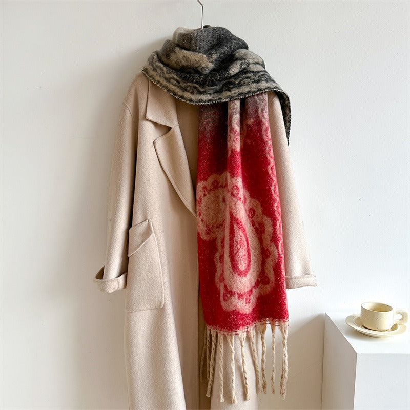 Retro Cashew Scarf Women's Imitation Cashmere Thick Neck Tassel Extended Shawl