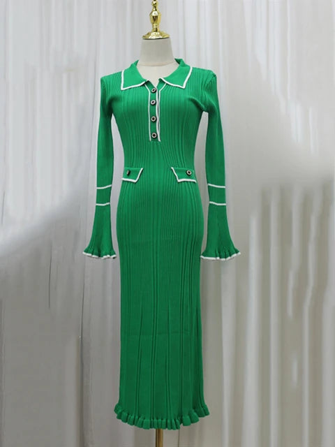 Doll collar X-shaped single breasted solid color long knit