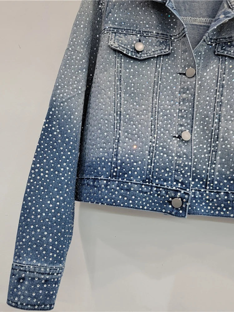 Women's Denim Coat Washed Gradient Blue Design Long Sleeve Full Diamonds Rhinestone Jackets  Autumn New Fashion