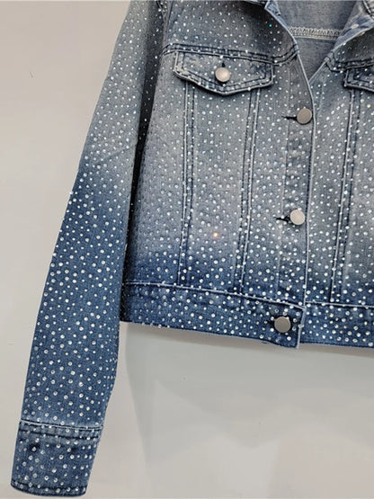 Women's Denim Coat Washed Gradient Blue Design Long Sleeve Full Diamonds Rhinestone Jackets  Autumn New Fashion