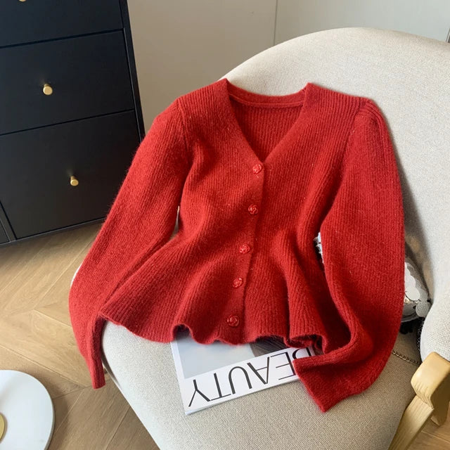 Autumn Winter Orange Bright Silk Knitted Sweater Cardigan Fashion Women Neck Rose Floral Buttons Ruffles Short Coat Tops