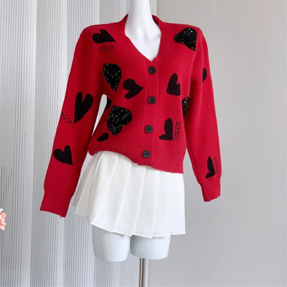 Lazy V-neck loose knit cardigan jacquard jacket, caring and fashionable sweater for women