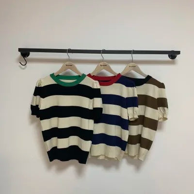 Summer Korean Knitted Striped T Shirts Tops Women Short Sleeve O-neck Casual Fashion Female Tees Pullovers T-shirts