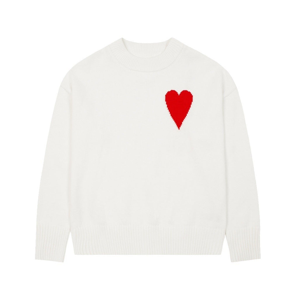 Big heart embroidered round neck sweater casual and versatile