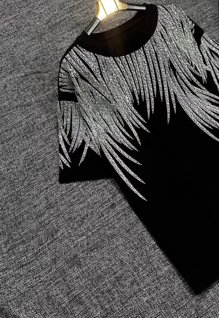 Luxury Women Cotton Blended Diamonds Beaded T-Shirts Rhinestones Tees + Drawstring Beading Pants Drilling Trousers 2pcs Set