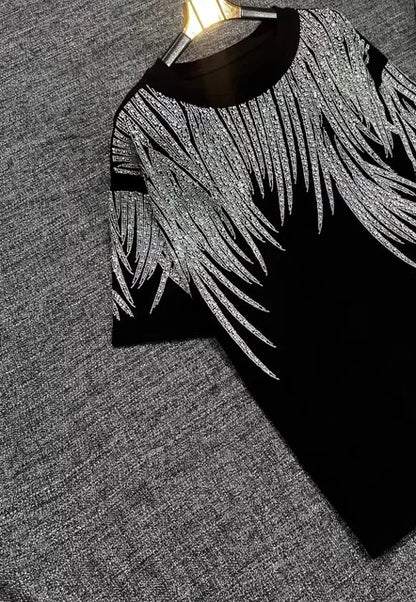 Luxury Women Cotton Blended Diamonds Beaded T-Shirts Rhinestones Tees + Drawstring Beading Pants Drilling Trousers 2pcs Set